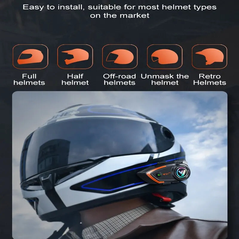 Motorcycle Helmet Intercom - Bluetooth Headset V5.3 Hands Free Call Wireless Noise Reduction Waterproof 1000M Interphone