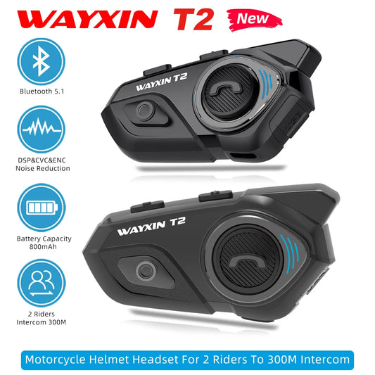 WAYXIN T2 Motorcycle Helmet Headset For 2 Riders To 300M Intercom Headphone Motorbike Communicator Interphone Waterproof BT 5.1