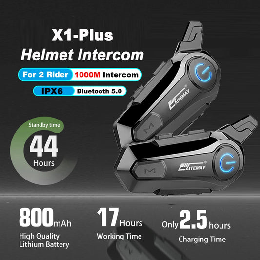 Motorcycle Helmet Intercom Headset Bluetooth Waterproof Moter Interphone for 2 Riders 1000M Interphone Communicator