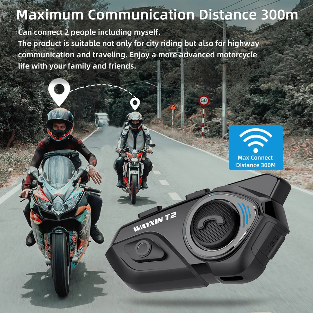 WAYXIN T2 Motorcycle Helmet Headset For 2 Riders To 300M Intercom Headphone Motorbike Communicator Interphone Waterproof BT 5.1